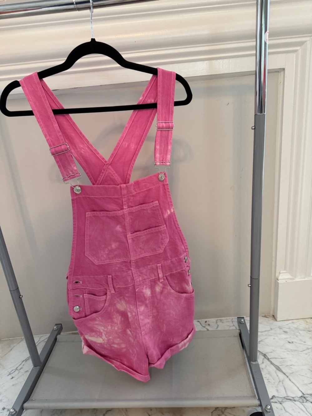 We The Free Hot Pink Tie-Dye Denim Short Overalls
